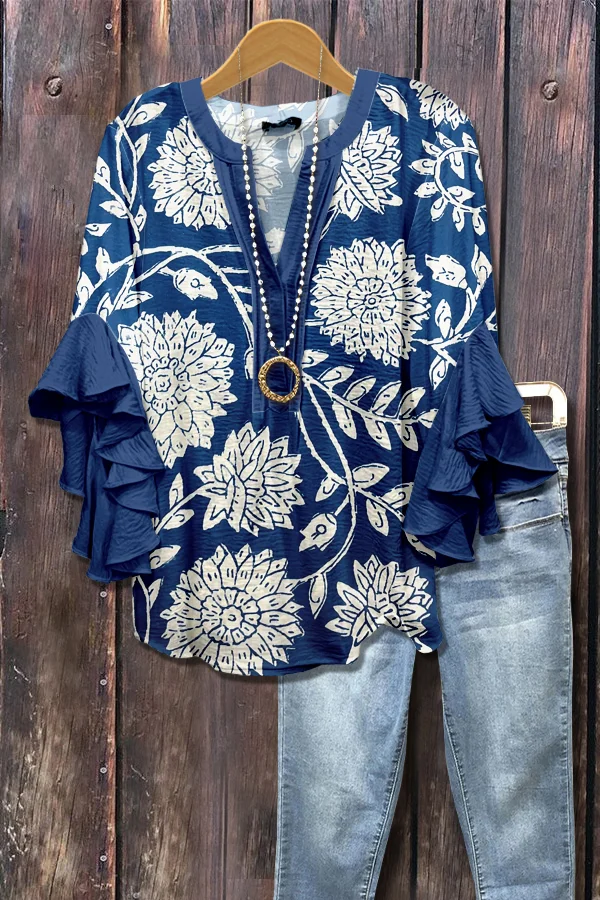 Retro Floral Print V-Neck Ruffle Sleeve Top