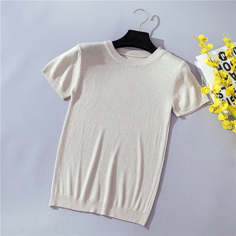 Hirsionsan Summer T Shirt Women Silver Shiny Lurex Casual Solid T-Shirt 2019 Korean Tops Tee Shirt Femme Slim Harajuku Tshirt