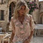 Vintage Boho Roses Embroidered Comfy Linen Shirt - Image 2
