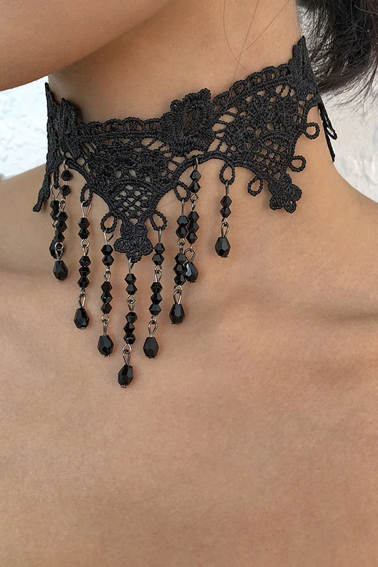 Halloween Black Dark Goth Lace Fringed Crystal Choker Necklace 2024 - Xpluswear