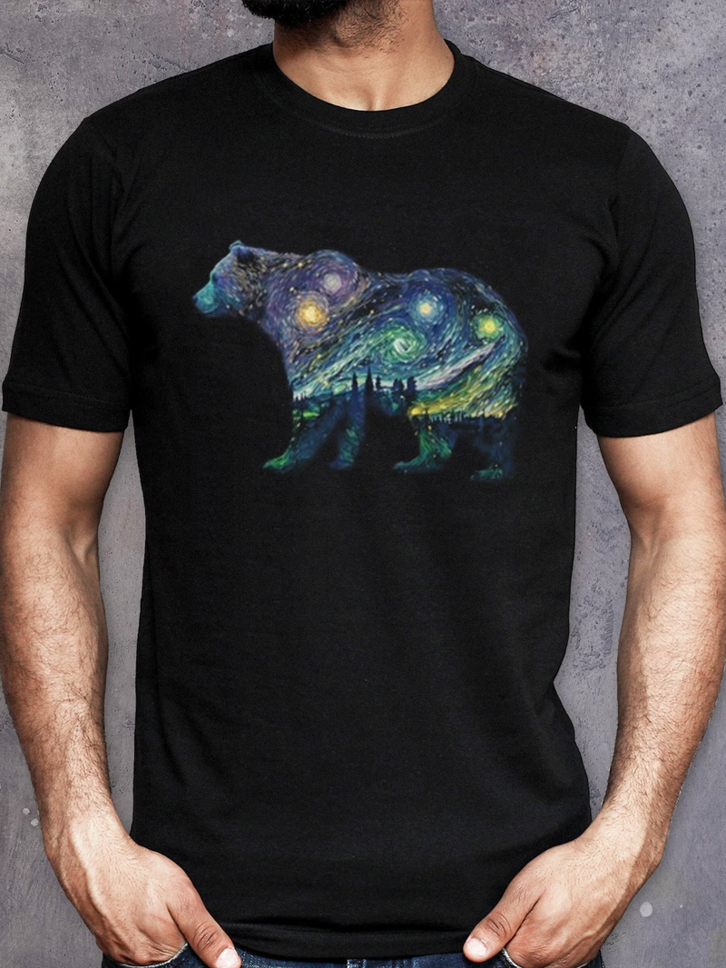  Men's Van Gogh Starry Sky Bear Print Short SleeveT-Shirt