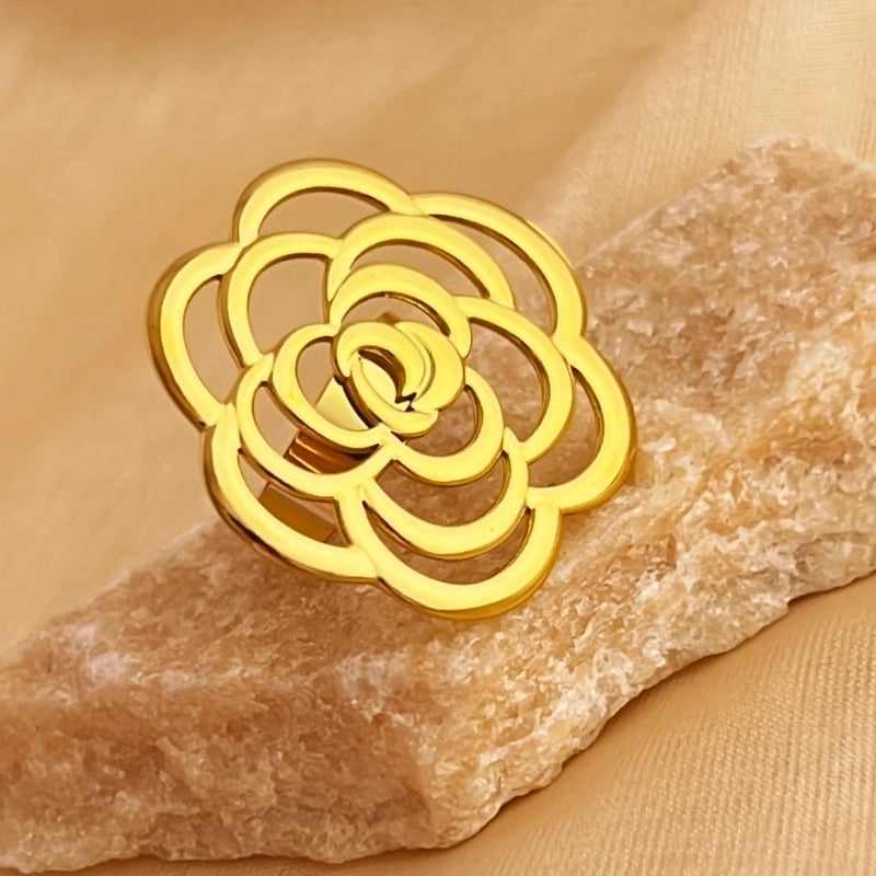 Casual Retro Minimalist Flower 201 Stainless Steel 18K Gold Plated Hollow Out Adjustable Ring
