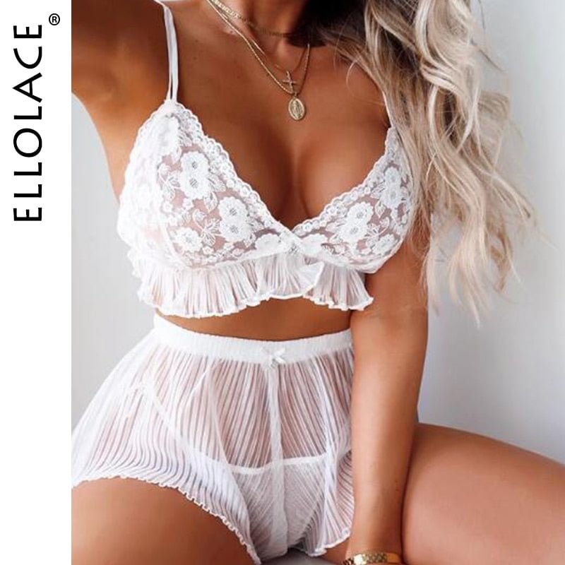 Ellolace Women Lace Sleepwear Sleeveless Transparent Nightwear Lace Cami Top Pajama Sets Femme Sexy Lingerie Pyjamas Women