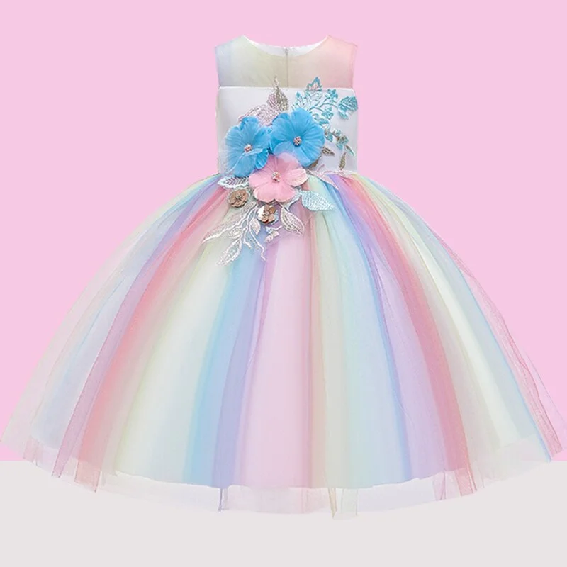 Embroidery Flower Wedding Evening Children Clothing Princess Party Kids Dresses for Girls Birthday Party Lace Flower Ball Gown