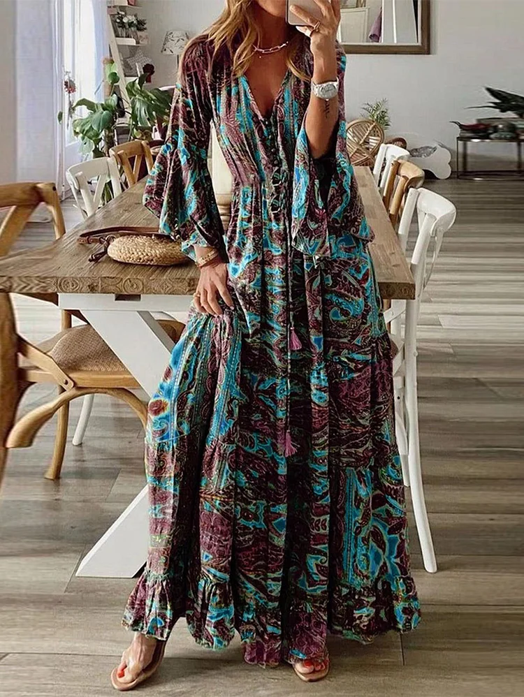 Bohemian Calico V Neck Flounce Sleeve Maxi Dress