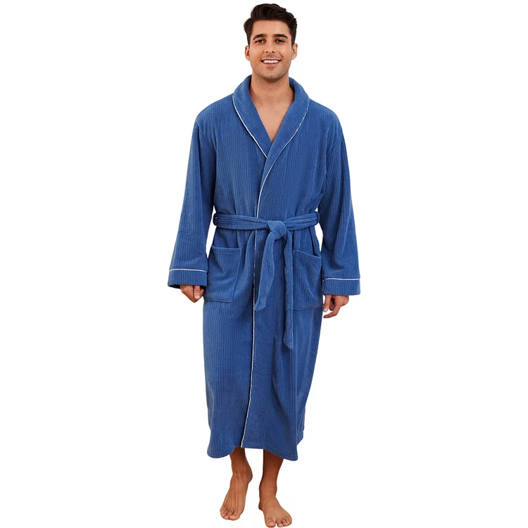 Vulcanodon Mens Shawl Collar Fleece Bathrobe, Soft Warm Long Sleeve Robe with Pockets Spa Robes for Men Cozy Sleepwear（Royal Blue, L/XL）