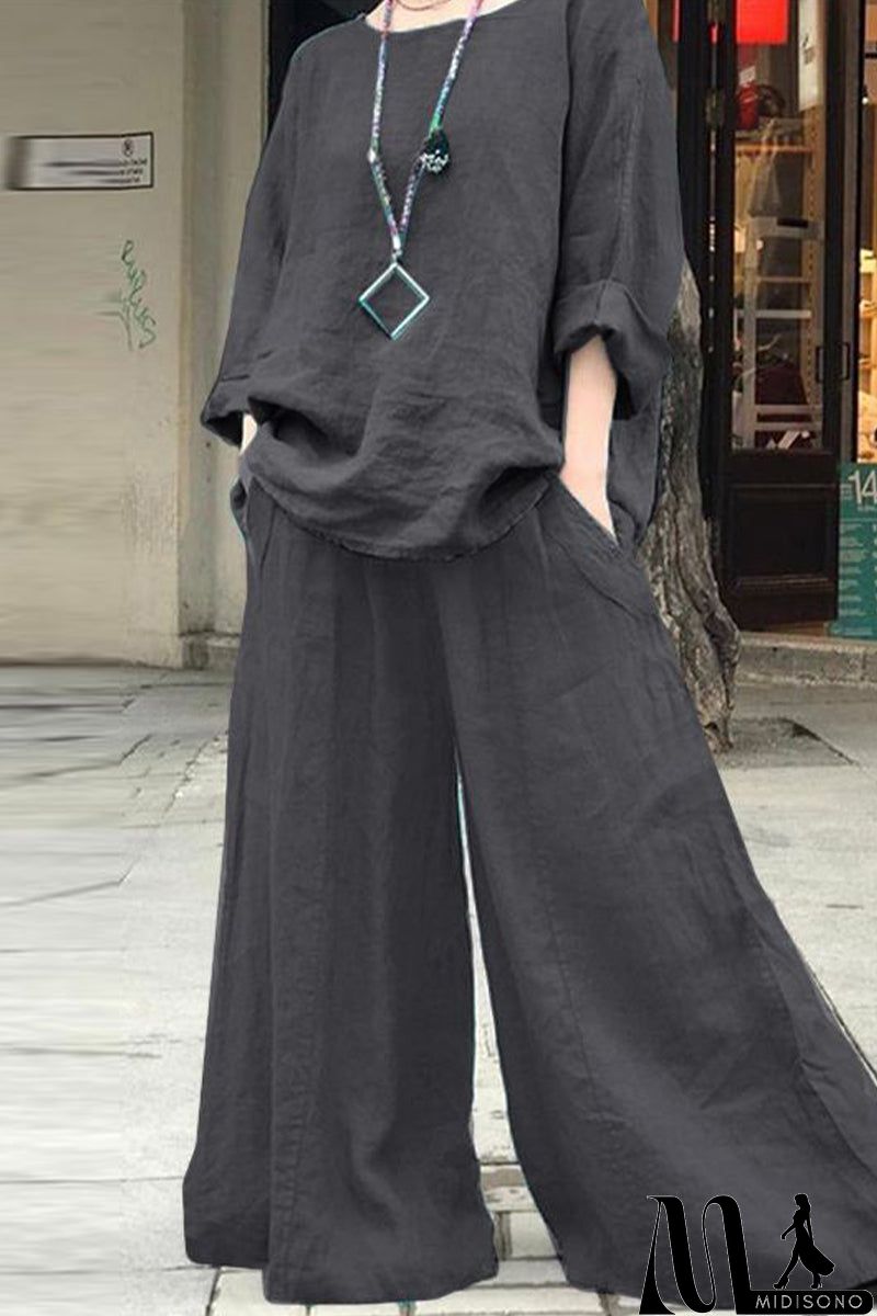 MidiSono - Casual Simplicity Solid Pocket O Neck Long Sleeve Two Pieces
