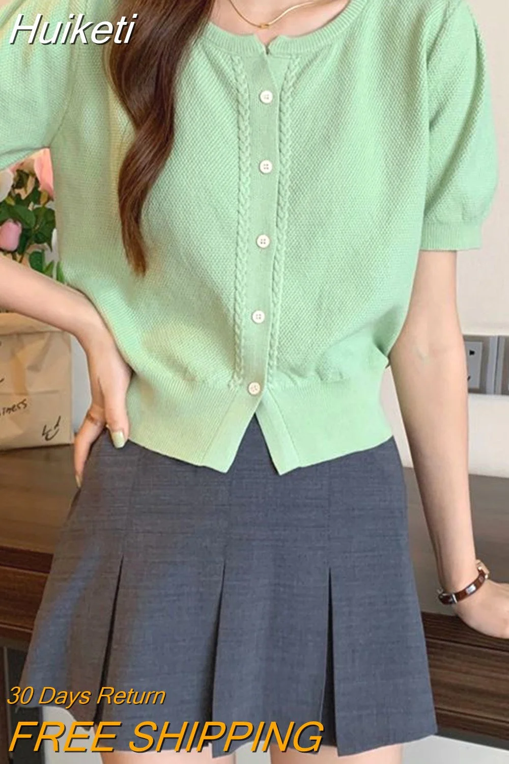 Huiketi Fashion O-neck Puff Short Sleeve Knit Cropped Cardigan Women's Summer New Single-breasted Green Sweater Jacket Top Ladies