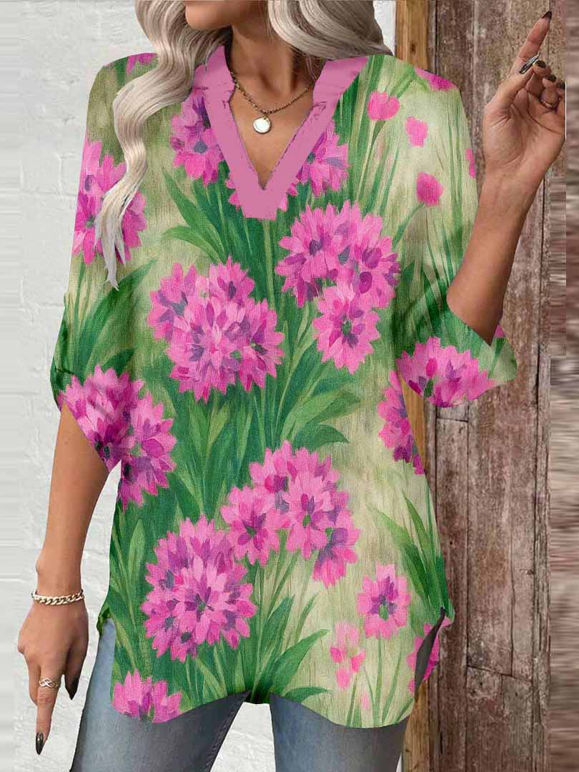 Women Floral, Red, Green DZGA0212 3/4 Sleeve V-neck Printed Graphic Button Tops