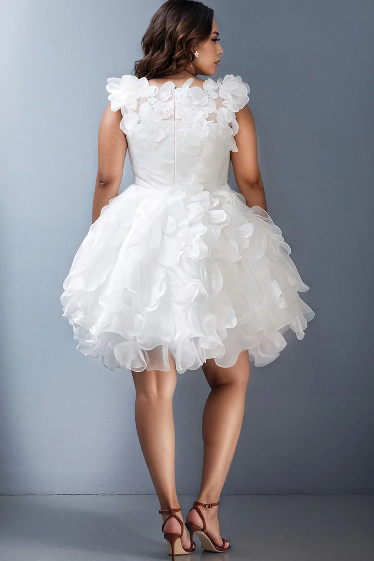 Xpluswear Design Plus Size Party White Elegant Round Neck 3D Tulle Mini Dresses