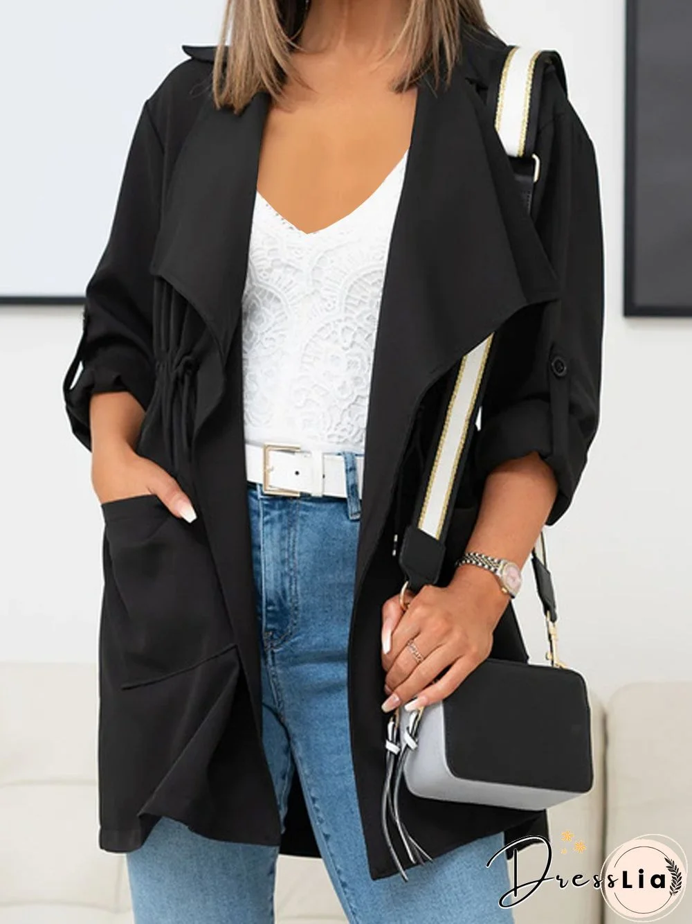 Loose Plain Casual Lapel Collar Trench Plus Size Windbreaker