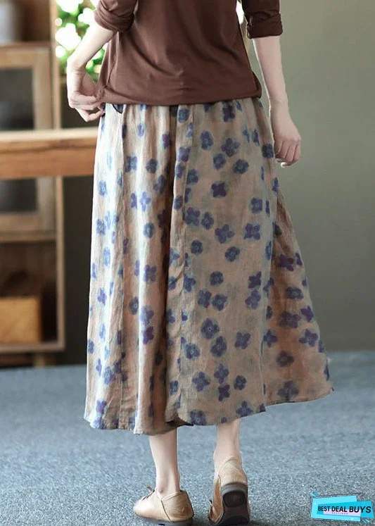 Purple Print Pockets Patchwork Linen Skirts Wrinkled Elastic Waist Summer