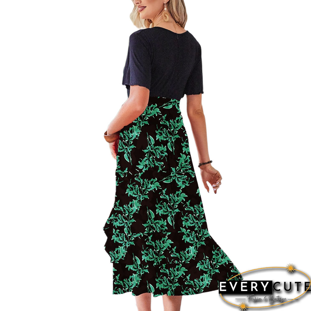 Dark Green Floral Print Splicing V Neck Dress with Slit