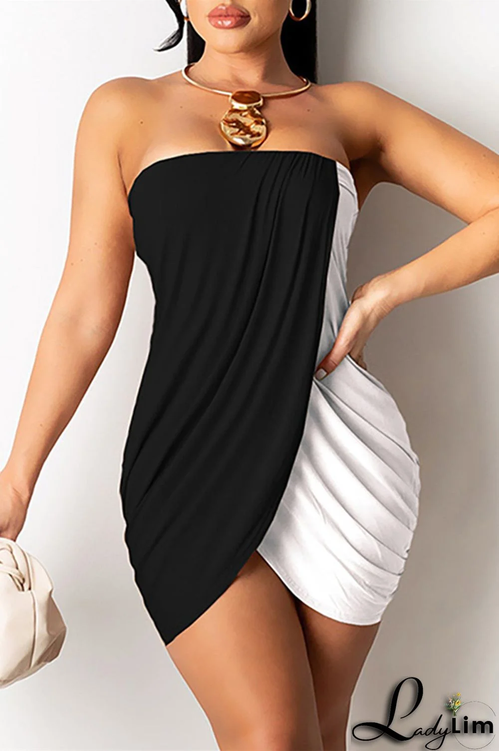 Black White Fashion Sexy Patchwork Backless Strapless Sleeveless Dress