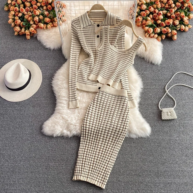 Women 3 Piece Set 2021 Autumn New Korean Style Temperament Fashion Suit Plaid Knitted Cardigan Bottoming Camisole Skirt