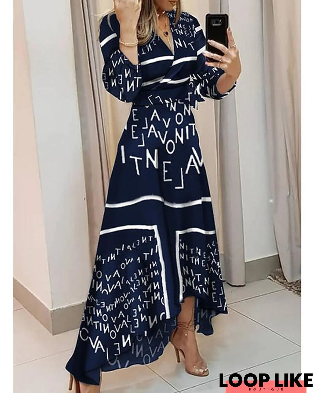 Women's Swing Dress Maxi Long Dress Long Sleeve Letter Print Fall Winter Casual Dusty Blue