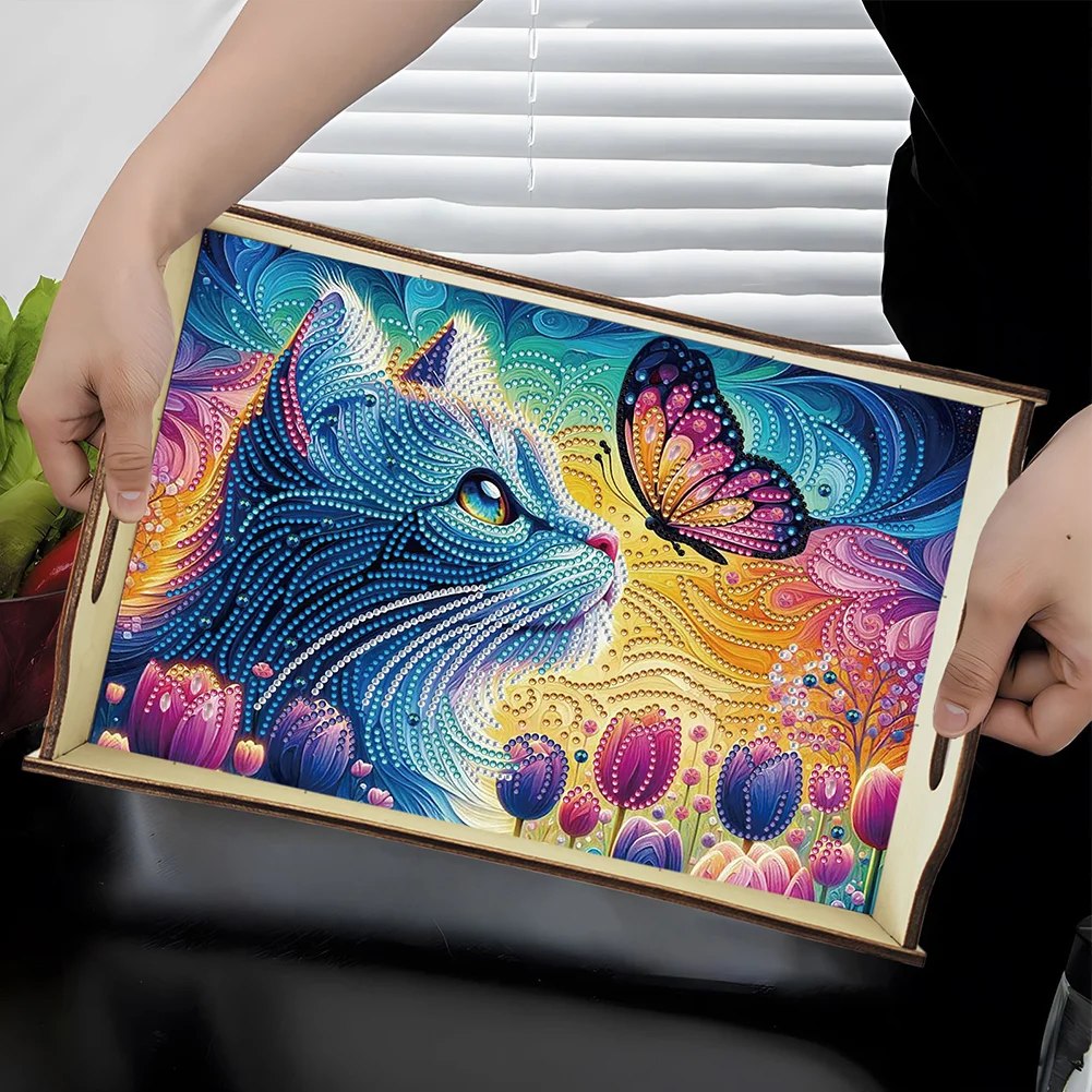 5D DIY Butterfly-Kitten Diamond Painting Serving Tray with Handle for Home Decor