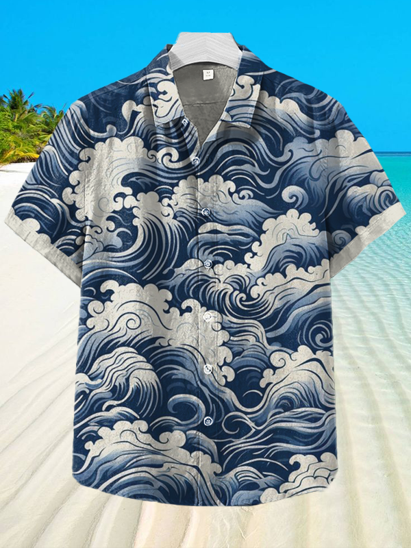 Men's Retro Japanese Waves  Print Short Sleeve Shirt