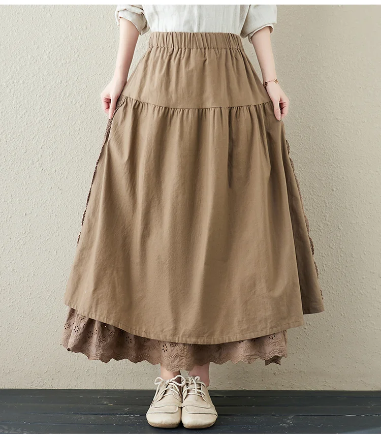 Linen Embroidery High-Waisted A-line Skirt
