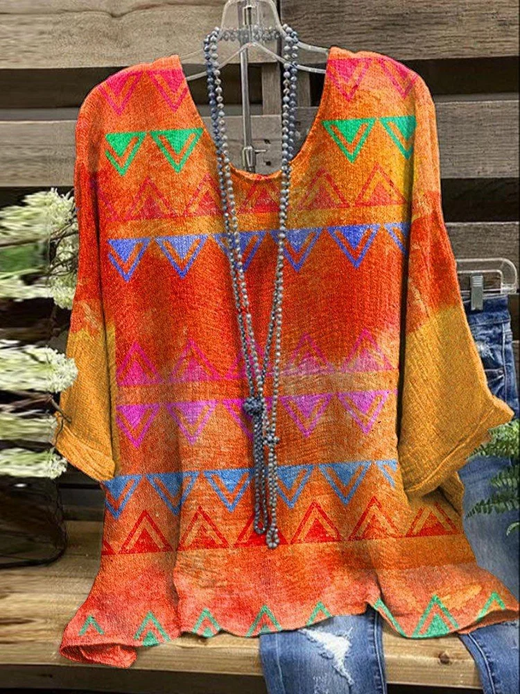 Ladies' Geometric Art Print Vintage Casual Top