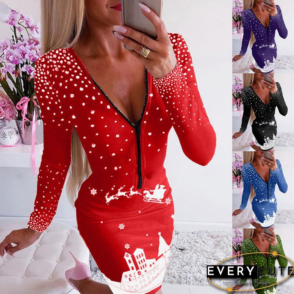 New Fashion Women V Neck Christmas Print Bodycon Dress Plus Size Slim Fit Sexy Long Sleeve Dress