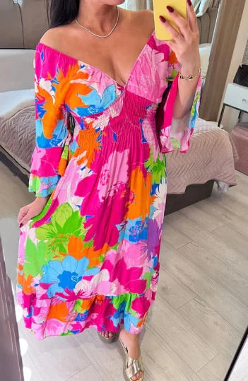 Spring Hot Sale🌸Floral Print V Neck Colorful Midi Dress(Buy 2 Free Shipping)