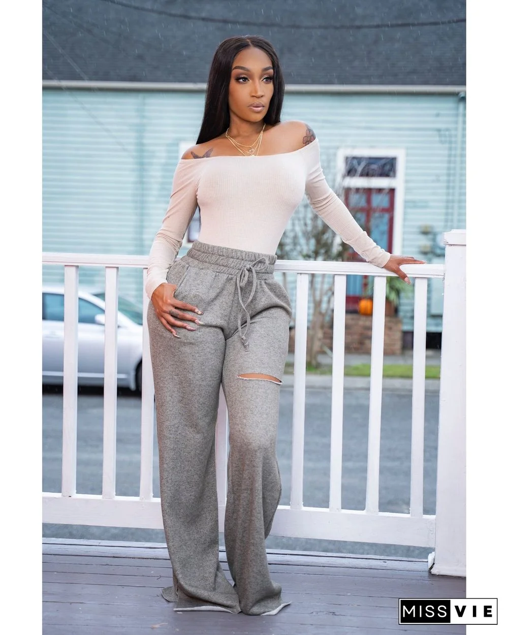 High Waist Straight Hole Wide Leg Pants