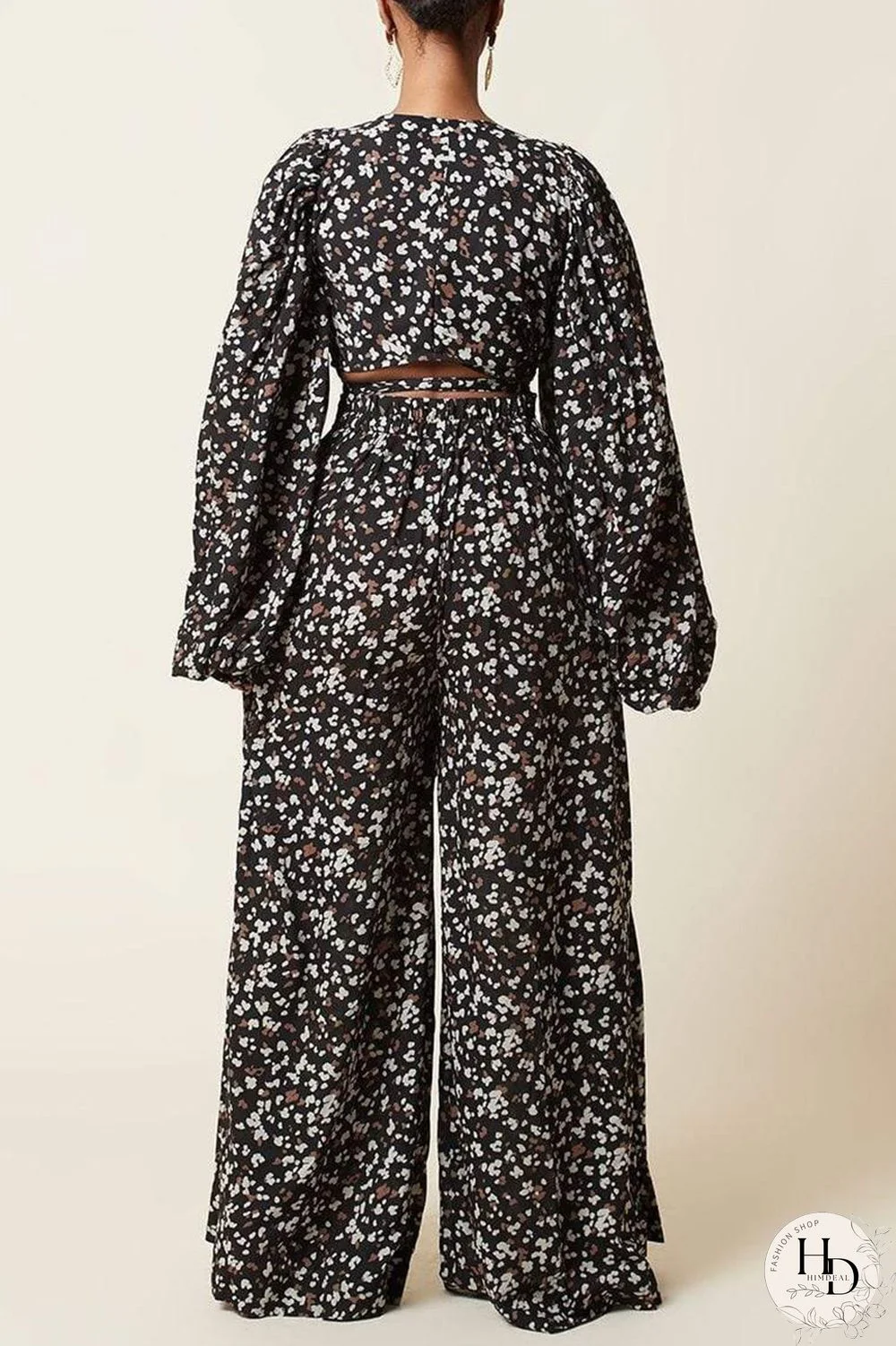 Black Fashion Casual Print Bandage V Neck Long Sleeve Two Pieces