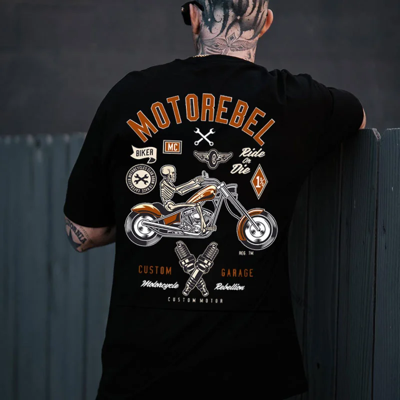 MOTOREBEL RIDE OR DIE Skeleton Motorcyclist Print Men's T-shirt