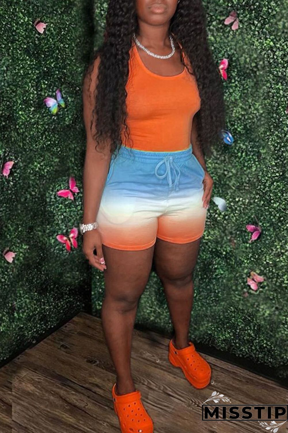 Fluorescent Green Casual Gradual Change Print Patchwork U Neck Sleeveless Two Pieces