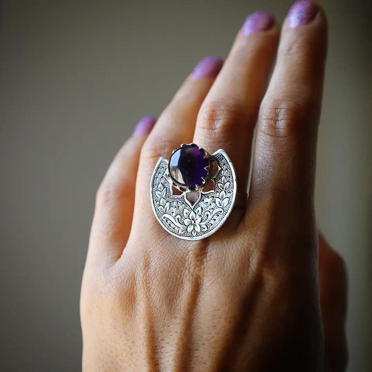 Boho Floral Scalloped Amethyst Ring