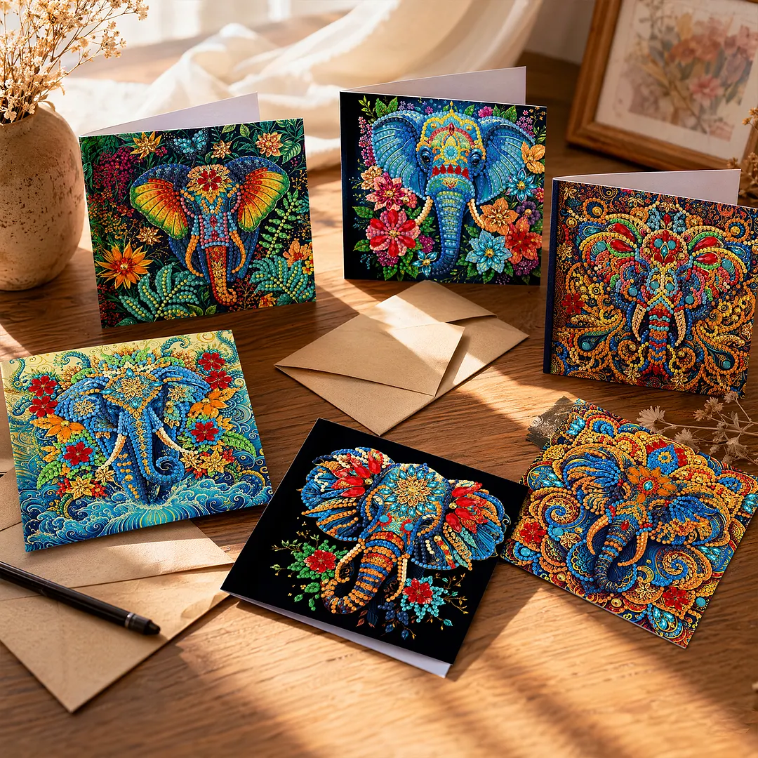 6pcs Elephant DIY Diamond Painting Greeting Card Kits with Envelopes Diamond Art Greeting Cards Diamond Art Cards Kits for Adults DIY Crafts Family Friend Gifts
