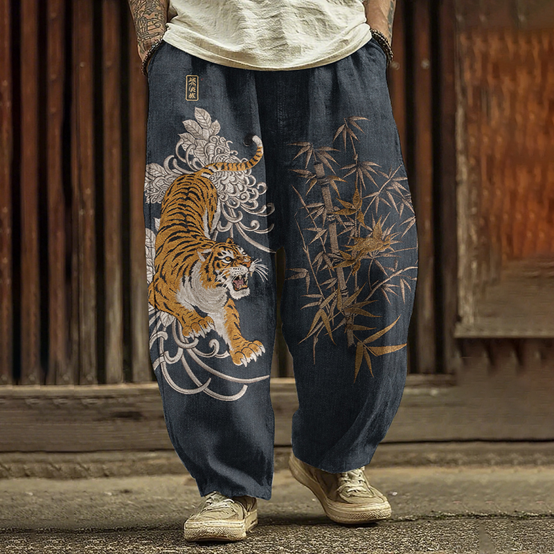 Men's Retro Japanese Tiger And Bamboo Art Pattern Linen Blend Pants  artssus