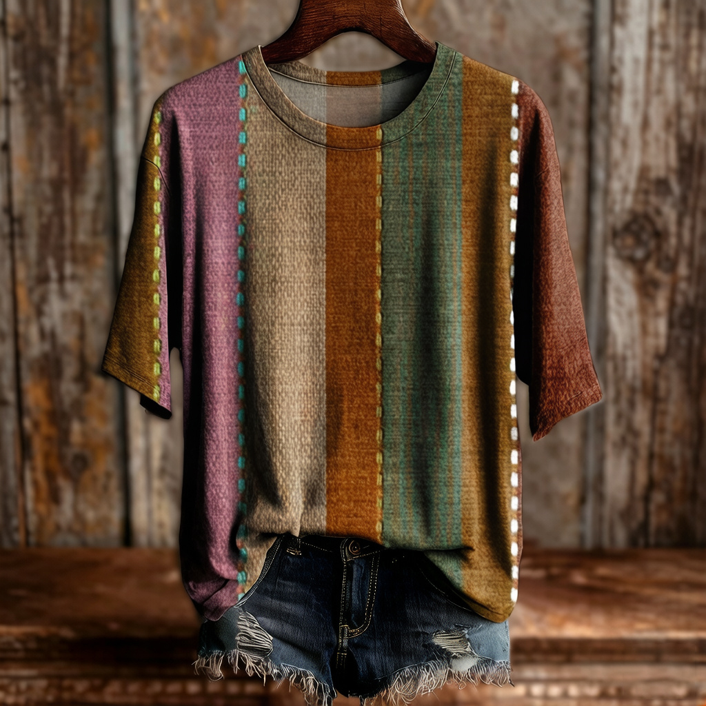 Comstylish Women's Retro Ethnic Striped Casual Short-sleeve T-shirt