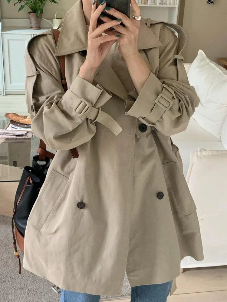 Nncharge New Spring Autumn Women Fashion Lapel Double Breasted Lace-up Trench Lady Casual Loose Solid Color Jacket Coat Outwear