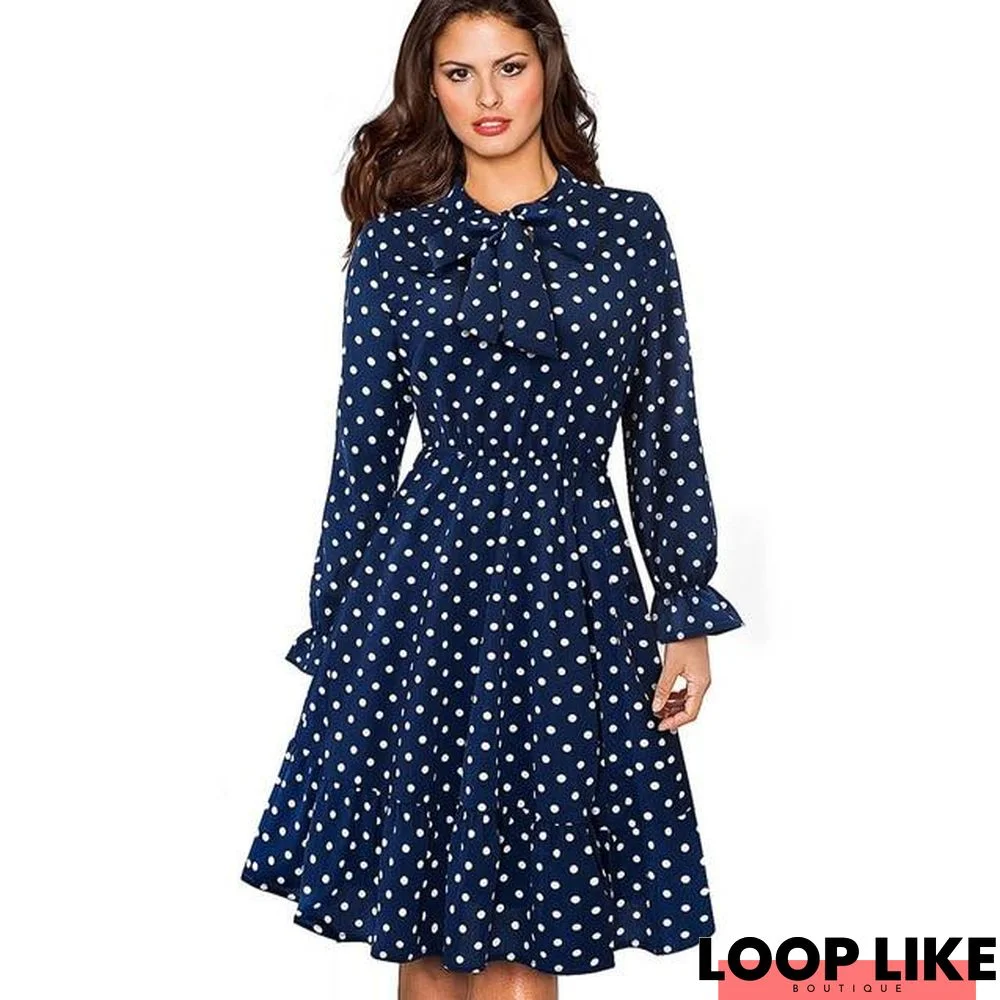 Elegant Vintage Polka Dots Pinup Bow Business Party Flare A-Line Swing Dress Black Dresses