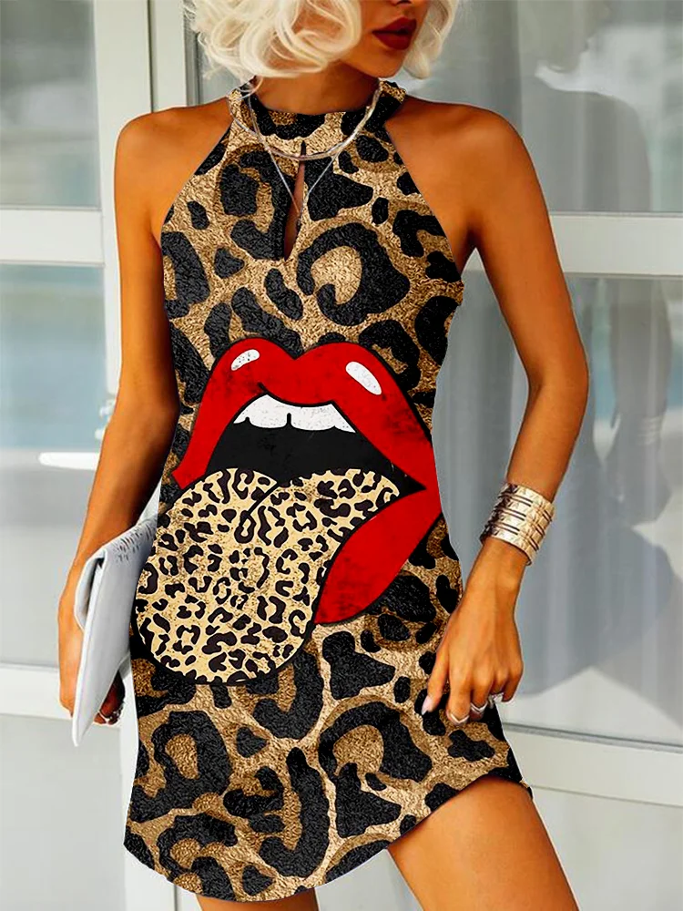 Comstylish Leopard Rolling Stones Lip Slim Fit Mini Dress