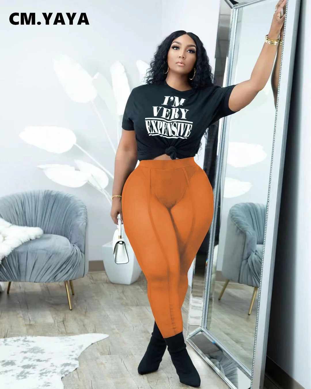 CM.YAYA Yoga Women 2pcs Set Letter T-shirt and Mesh See Though Leggings Set Sweatsuit Tracksuit Two Piece Set Fitness Outfit