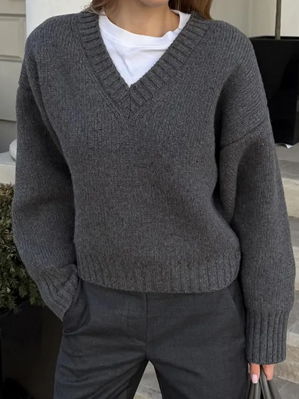 Ribs Solid Color Long Sleeves Loose V-Neck Sweater Tops