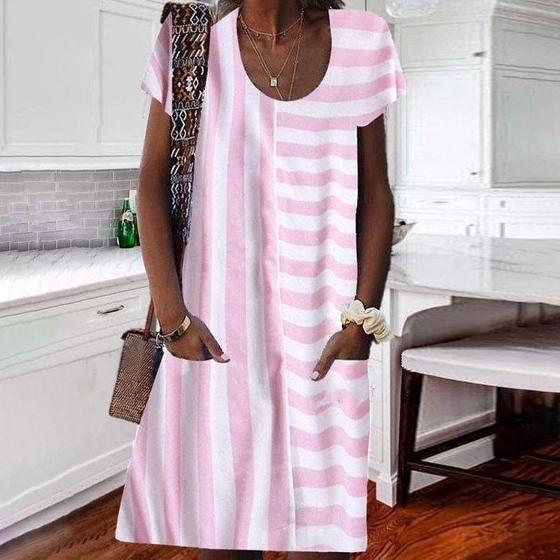 Stripes Pocket Round Neck Comfy Midi Dress wearshes