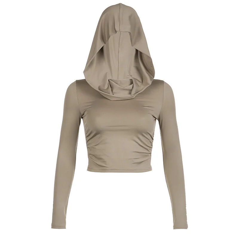 Toloer Toloer Waste Earth Wind Hooded Pile Collar Pleated T-Shirt Female Slim Long Sleeve Crop Button Solid Color Base Jacket-Outfit Ideas