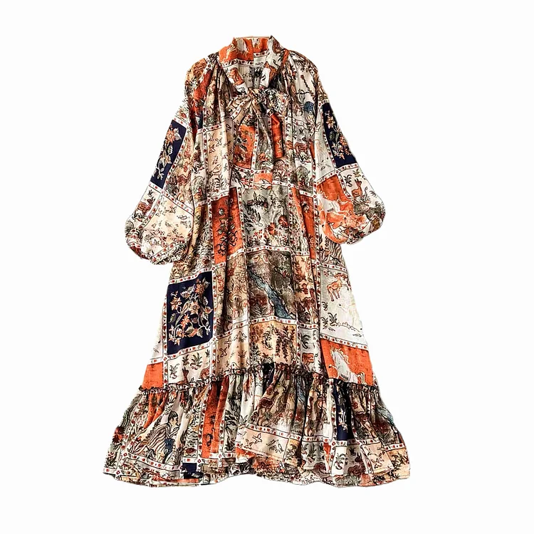 Vintage Bohemian Print Lace-Up Ruffle Midi Dress - yankia