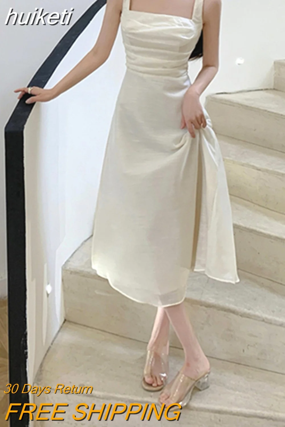 huiketi Women Elegant Fashion Sleeveless Midi Dress Office Lady One Piece Casual Solid Clothes Vestdios