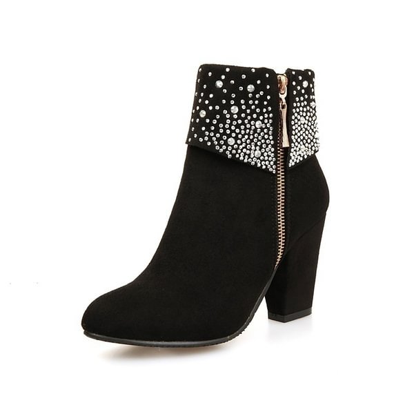 Women Sexy Bling Rhinestone Double Zipper Thick Heels Ankle Boots Nubuck Leather Shoes - Shop Trendy Women's Clothing | LoverChic