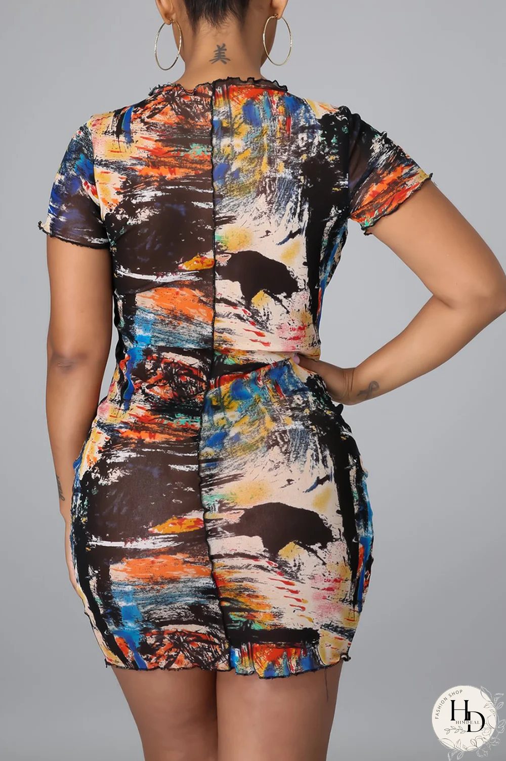 Yellow Sexy Print Mesh O Neck Pencil Skirt Dresses