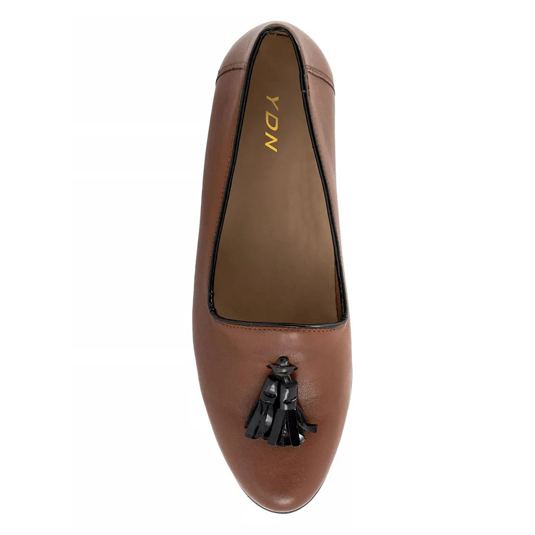 Brown Tassels Almond Toe Shoes Slip-On Flat Shoes for Women