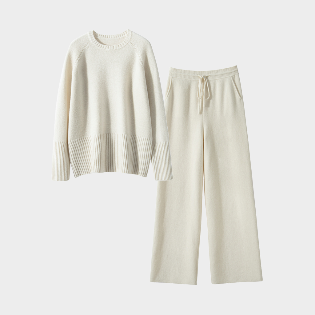 Women's Off-White Crew-Neck Cashmere Sweater and Pants Set | Modern Minimalist REAL SILK LIFE