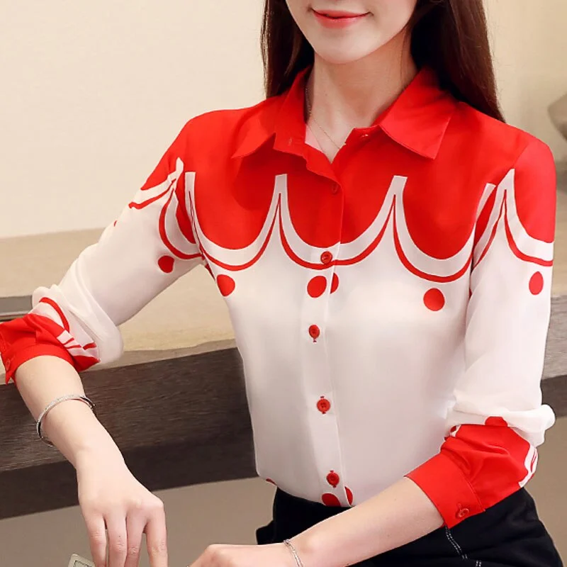 Fashion Women 2021 Casual Printed Women Tops Long Sleeve Turn-down Collar Women Clothing Office Lady Chiffon Blouses 5499 50