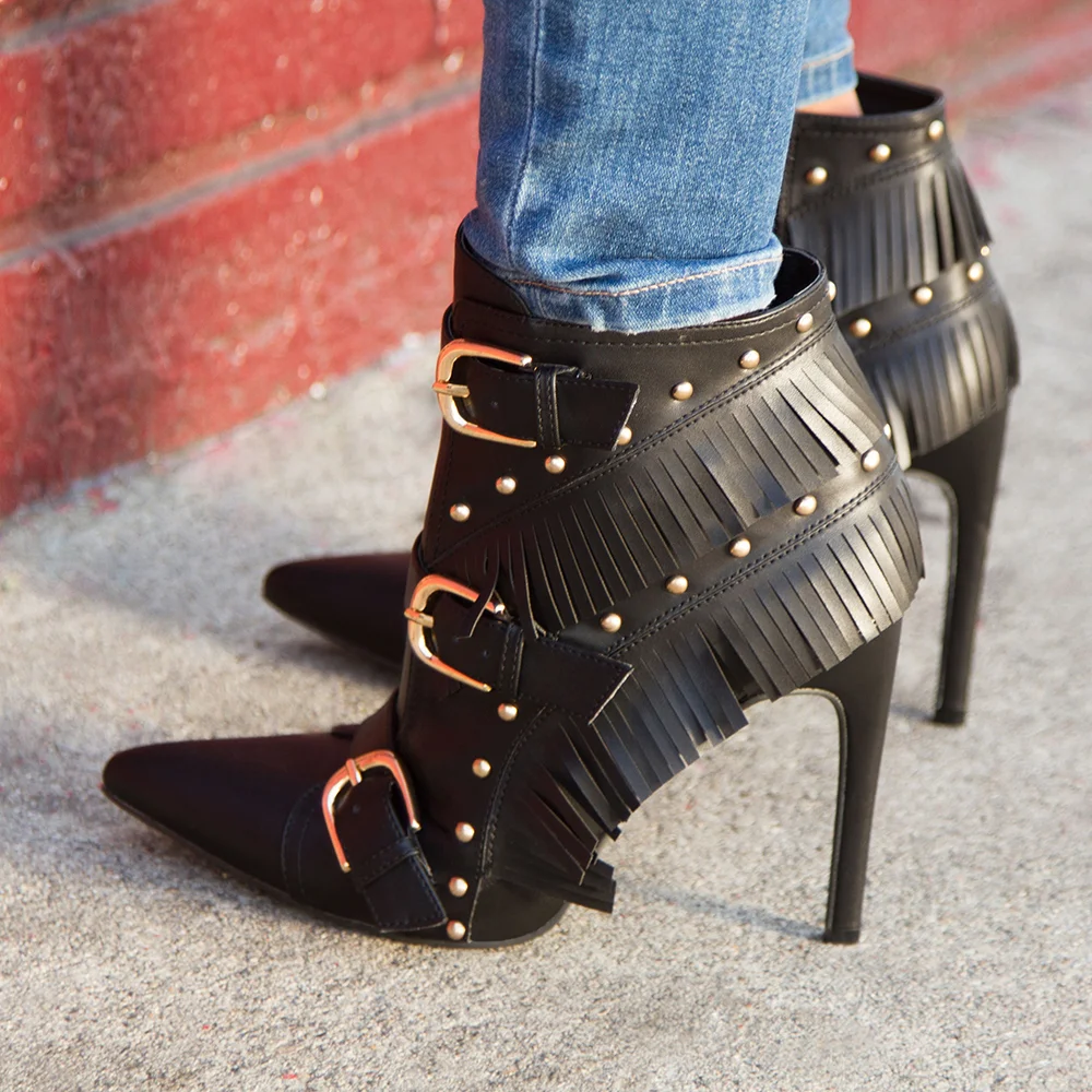 Pointed-toe High Heels Ankle Boots With Buckle Strapss