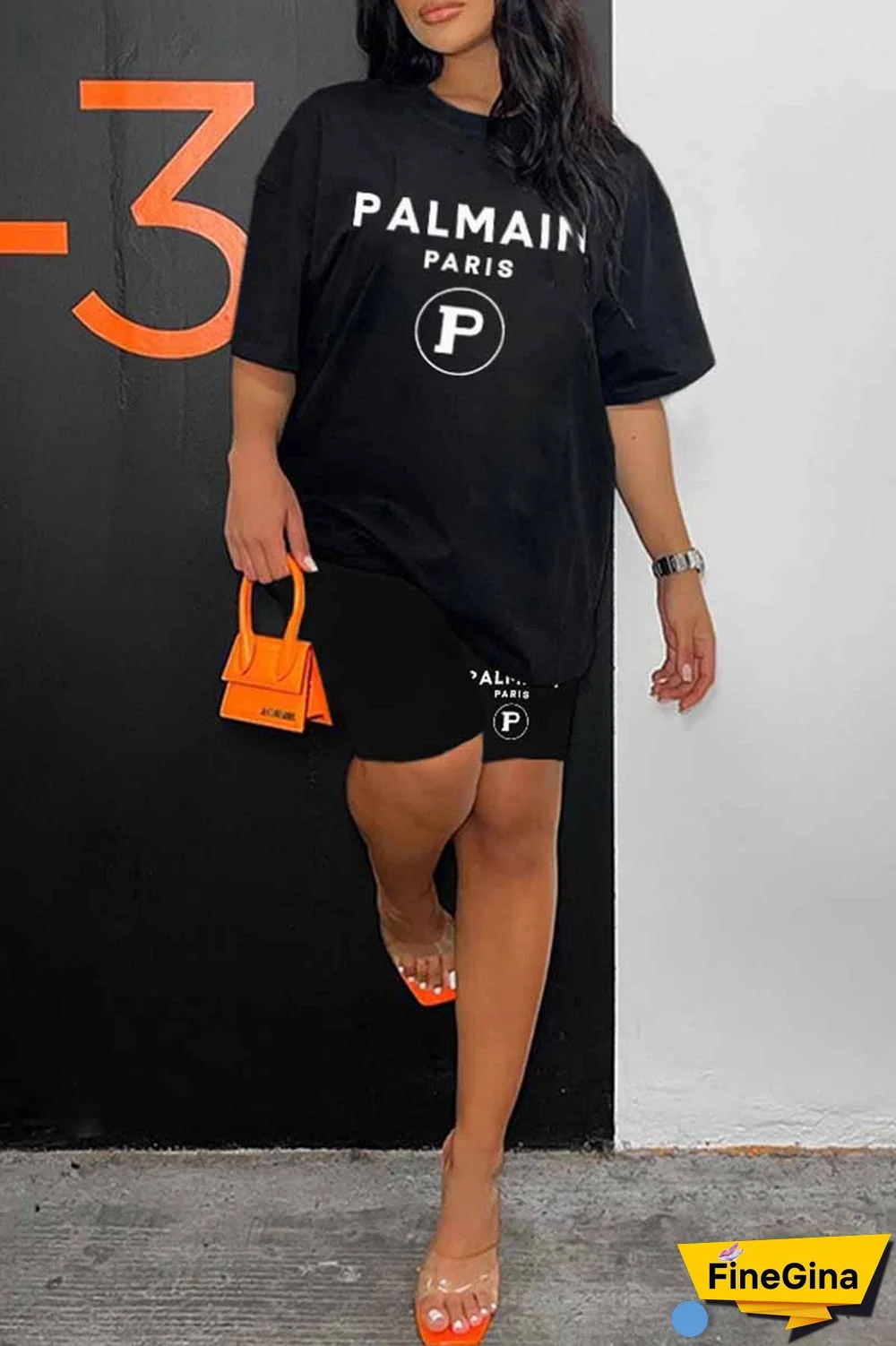 Blue Casual Print Letter O Neck Short Sleeve Two Pieces